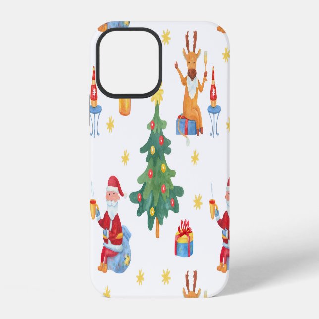 Christmas trees, Santa: watercolor pattern. iPhone Case (Back)