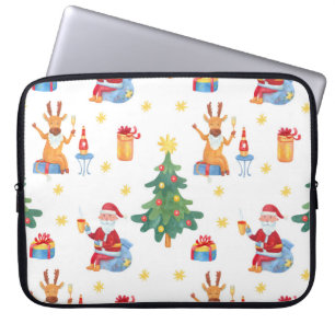 Christmas trees, Santa: watercolor pattern. Laptop Sleeve