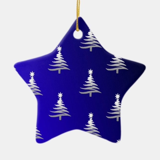 Christmas Trees Silver on Cobalt Blue Ceramic Tree Decoration (Front)