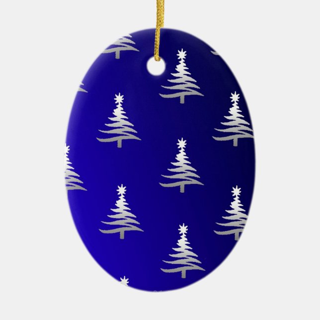 Christmas Trees Silver on Cobalt Blue Ceramic Tree Decoration (Front)