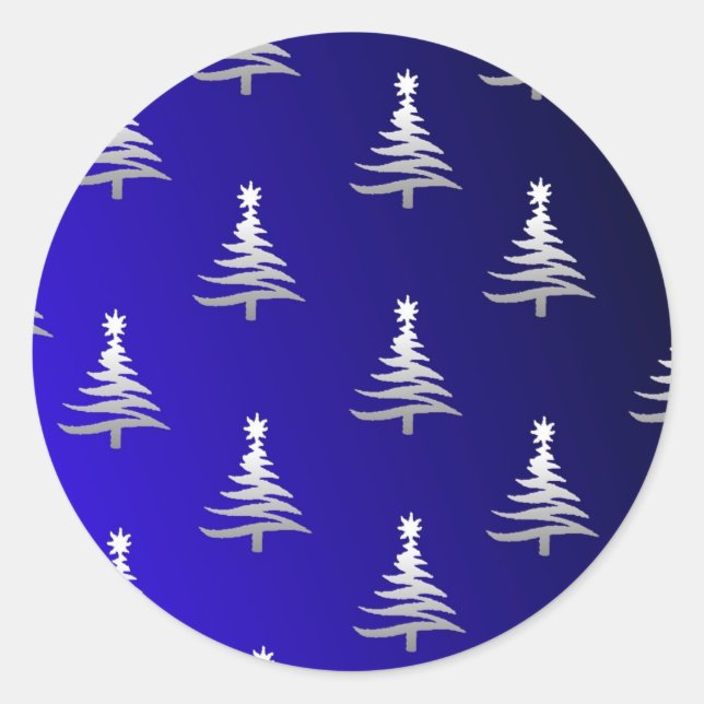 Christmas Trees Silver on Cobalt Blue Classic Round Sticker (Front)