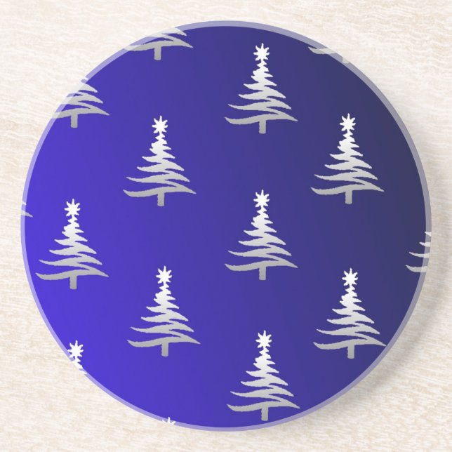 Christmas Trees Silver on Cobalt Blue Coaster (Front)
