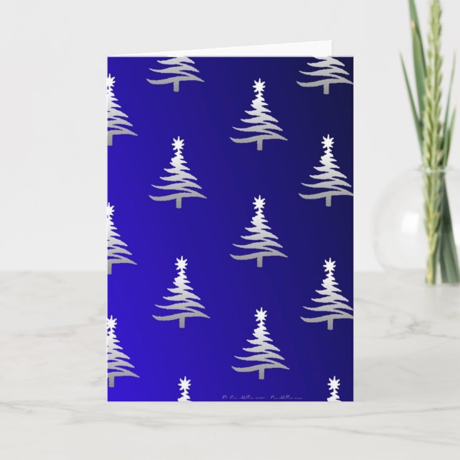 Christmas Trees Silver on Cobalt Blue Holiday Card (Front)
