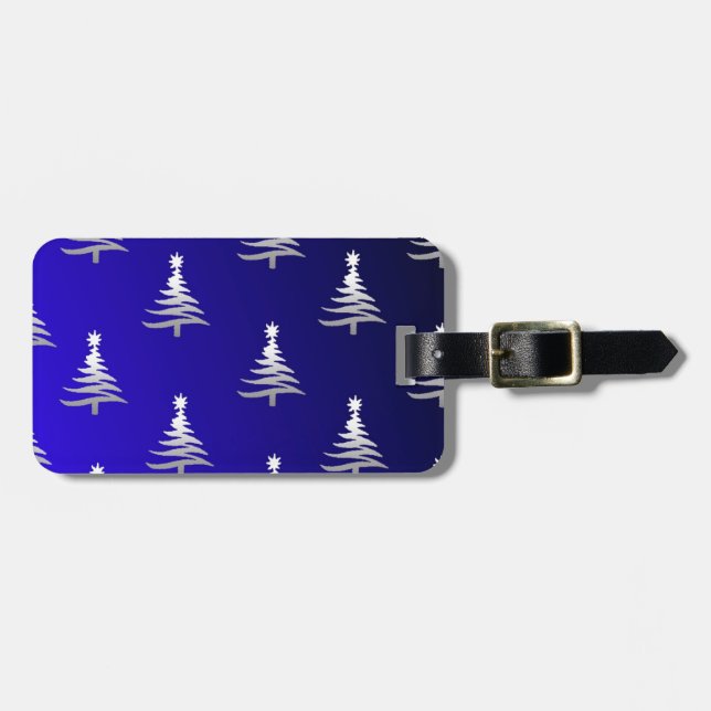Christmas Trees Silver on Cobalt Blue Luggage Tag (Front Horizontal)