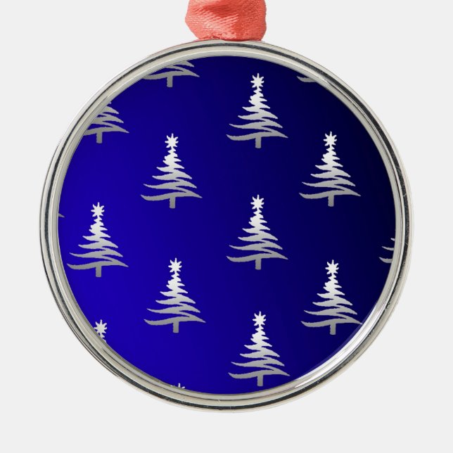 Christmas Trees Silver on Cobalt Blue Metal Tree Decoration (Front)