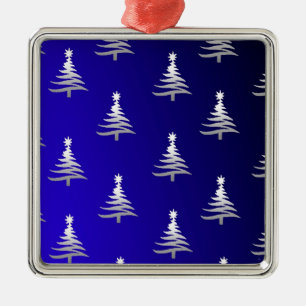Christmas Trees Silver on Cobalt Blue Metal Tree Decoration