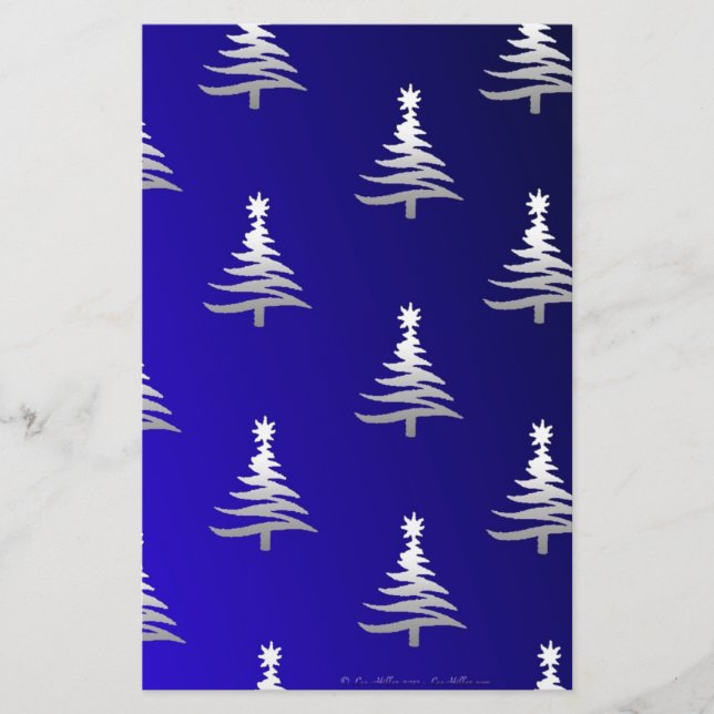 Christmas Trees Silver on Cobalt Blue Stationery (Front)