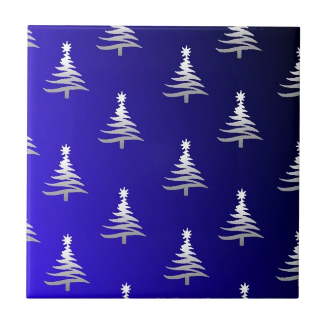 Christmas Trees Silver on Cobalt Blue Tile (Front)
