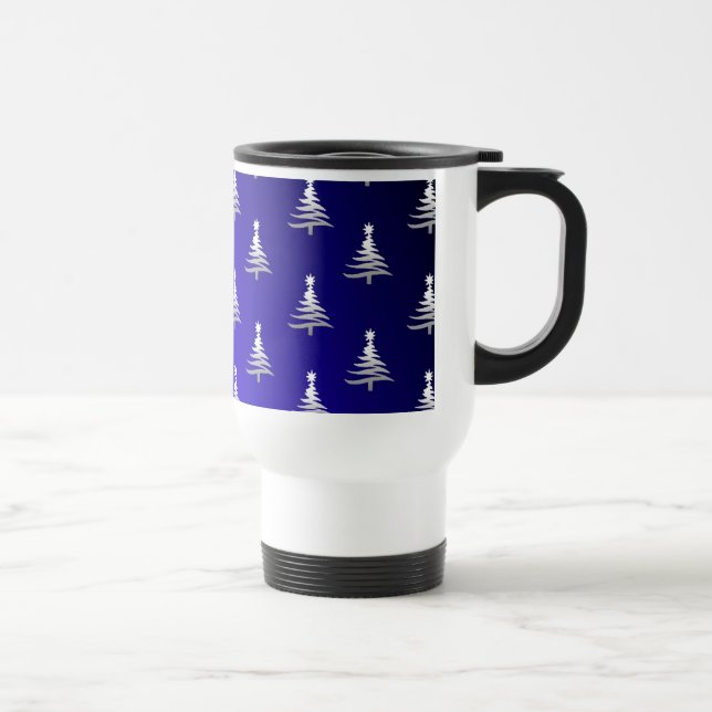 Christmas Trees Silver on Cobalt Blue Travel Mug (Right)