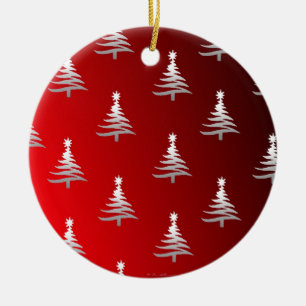 Christmas Trees Silver on Red Ceramic Tree Decoration