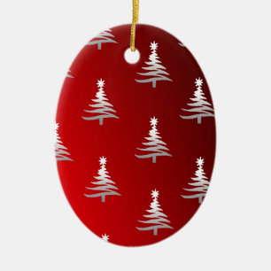 Christmas Trees Silver on Red Ceramic Tree Decoration