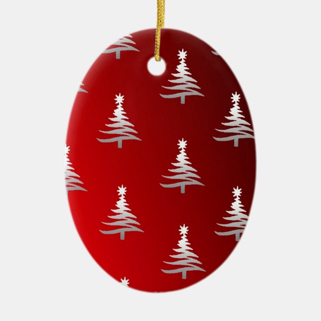Christmas Trees Silver on Red Ceramic Tree Decoration (Front)