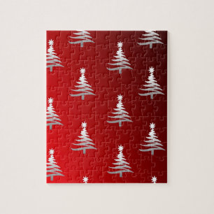 Christmas Trees Silver on Red Jigsaw Puzzle
