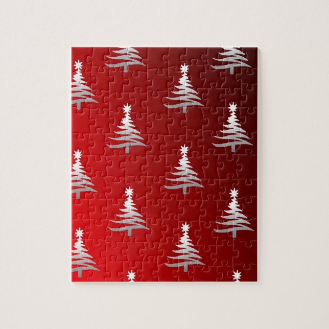Christmas Trees Silver on Red Jigsaw Puzzle (Vertical)