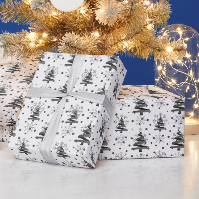 Christmas Trees & Snowflakes, Black & Grey Wrapping Paper (Holidays)