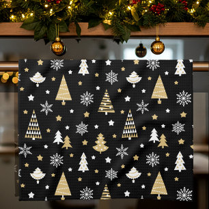 Christmas Trees & Snowflakes Pattern Black Tea Towel