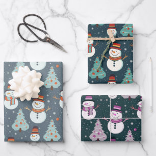 Christmas Trees Snowflakes Snowmen Christmas Wrapping Paper Sheet