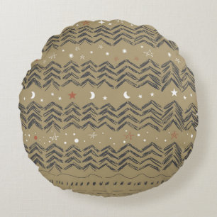 Christmas trees, stars and snowflakes in red, grey round cushion