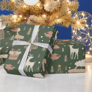 Christmas Trees Stars Reindeer Green Christmas Wrapping Paper