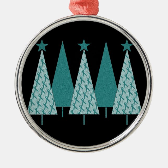 Christmas Trees - Teal Ribbon Ovarian Cancer Metal Tree Decoration (Front)