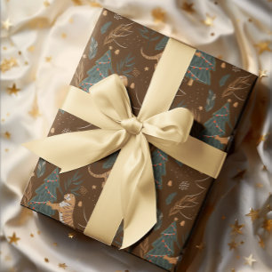 Christmas trees & tigers pattern brown background wrapping paper