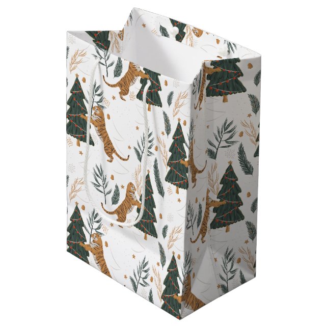 Christmas trees & tigers pattern custom backgroun medium gift bag (Front Angled)