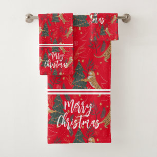 Christmas trees & tigers pattern custom background bath towel set
