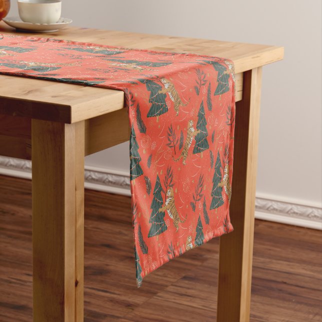 Christmas trees & tigers pattern custom background short table runner (In Situ)