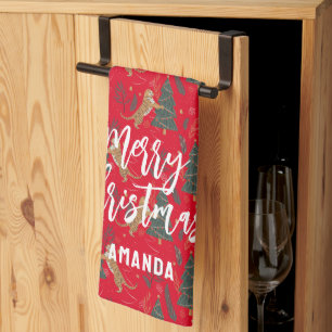 Christmas trees & tigers pattern custom background tea towel