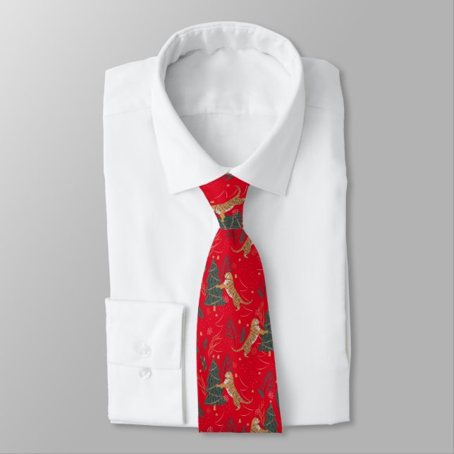 Christmas trees & tigers pattern custom background tie (Tied)