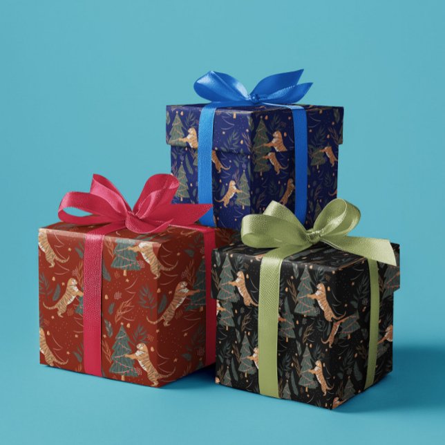 Christmas trees & tigers pattern custom background wrapping paper sheet (Creator Uploaded)
