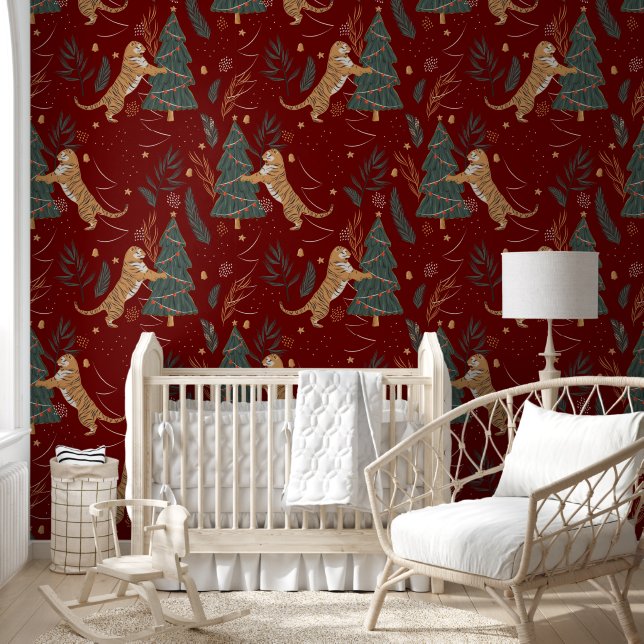 Christmas Trees & Tigers Pattern On Dark Red Wallpaper (Kids)