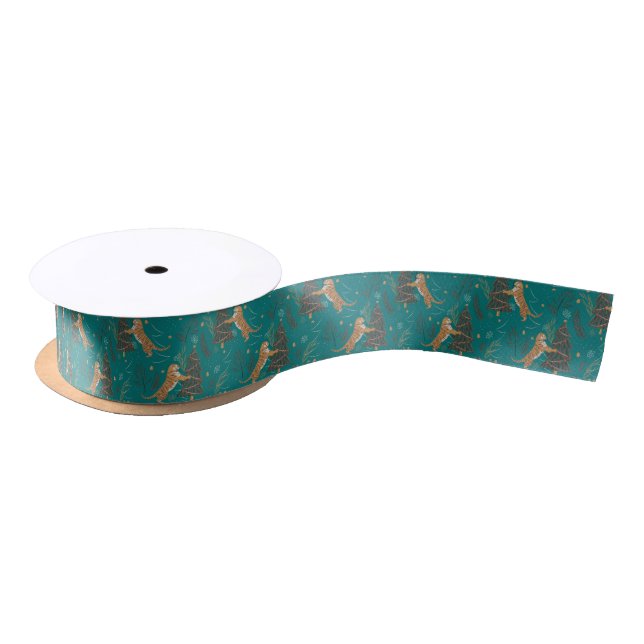 Christmas trees & tigers pattern on turquoise satin ribbon (Spool)