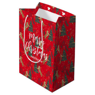 Christmas trees & tigers pattern red background medium gift bag