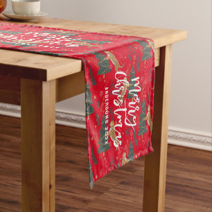 Christmas trees & tigers pattern red background short table runner