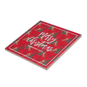 Christmas trees & tigers pattern red background tile