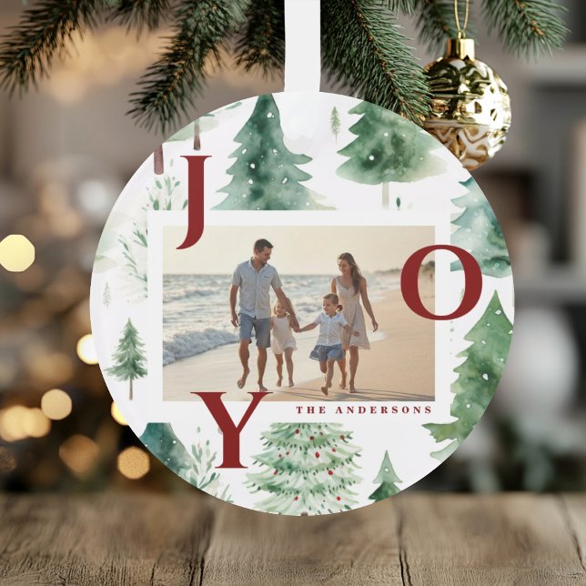 Christmas Trees Watercolor Red Joy Photo Holiday Ornament (Creator Uploaded)