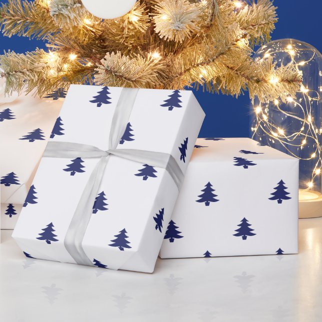 Christmas Trees white and blue minimalist simple Wrapping Paper (Holidays)