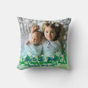 Christmas Trees White Snowflakes Joy to the World  Cushion