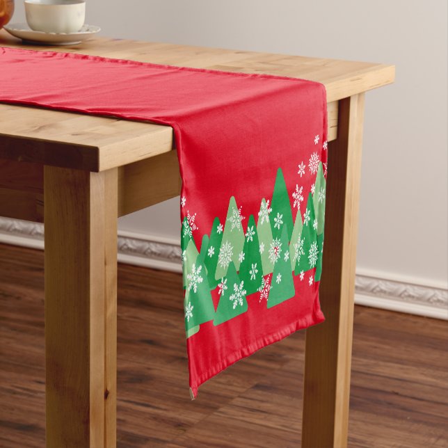 Christmas Trees White Snowflakes Red Short Table Runner (In Situ)