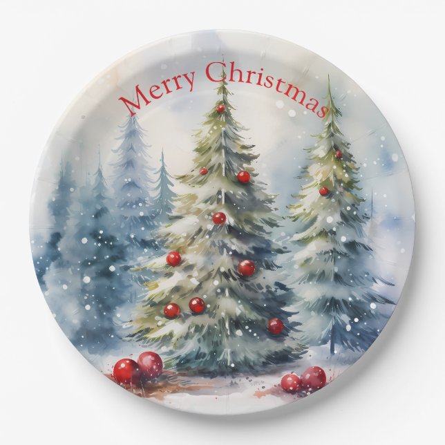 Christmas trees winter snowy landscape paper plate (Front)