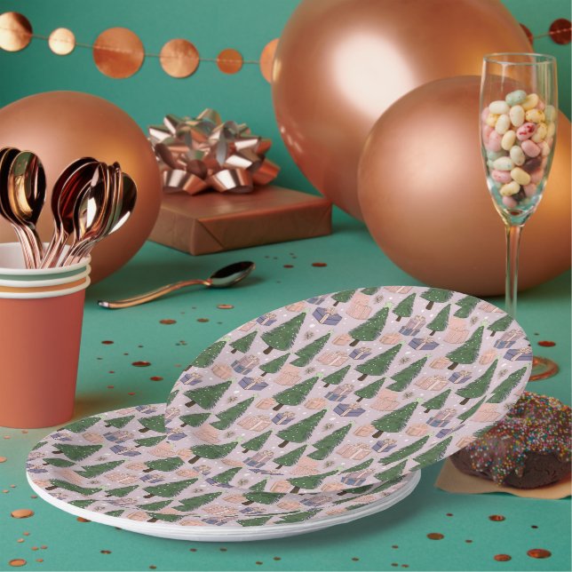 Christmas Trees With Presents Pink Green Violet Paper Plate (Multi)