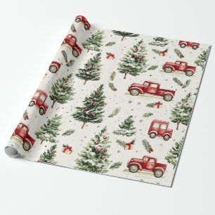 Christmas Trees With Red Trucks Wrapping Paper