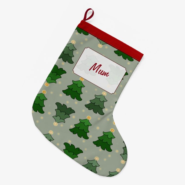 Christmas Trees with Stars and Custom Name Large Christmas Stocking (Front (Hanging))