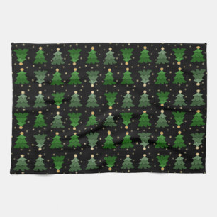 Christmas Trees with Stars on Black Tea Towel