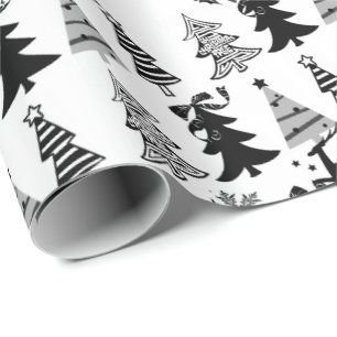 Christmas Trees Wrapping Paper Black White Grey