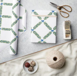 Christmas Trellis Blue Bow  Wrapping Paper