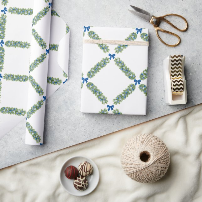 Christmas Trellis Blue Bow  Wrapping Paper (Crafts)