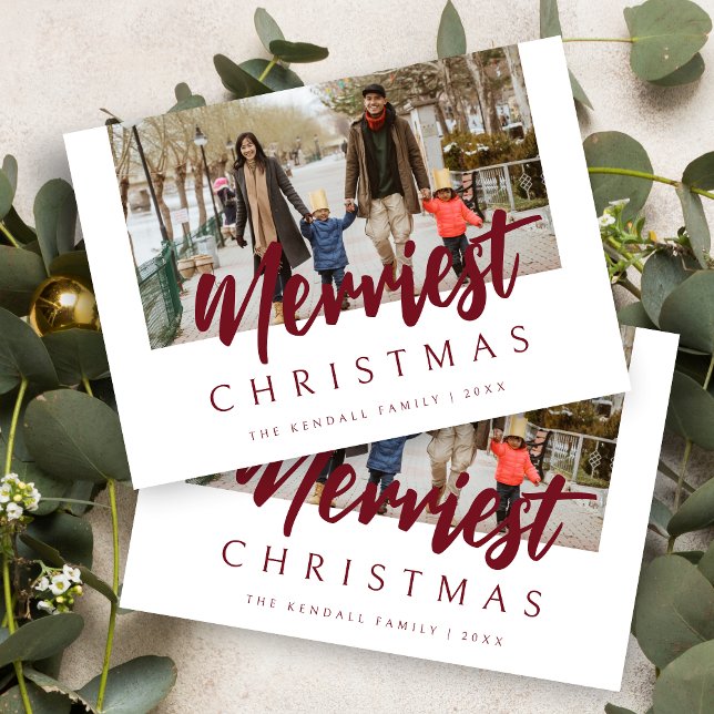 Christmas Trendy Modern Photo Merriest Dark Red Holiday Card (Christmas Trendy Modern Photo Merriest Dark Christmas Red Quote Holiday Card with Envelope.)