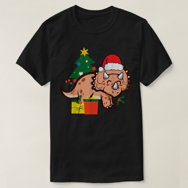 Christmas Triceratops Dinosaur Cute Holiday Santa  T-Shirt (Design Front)